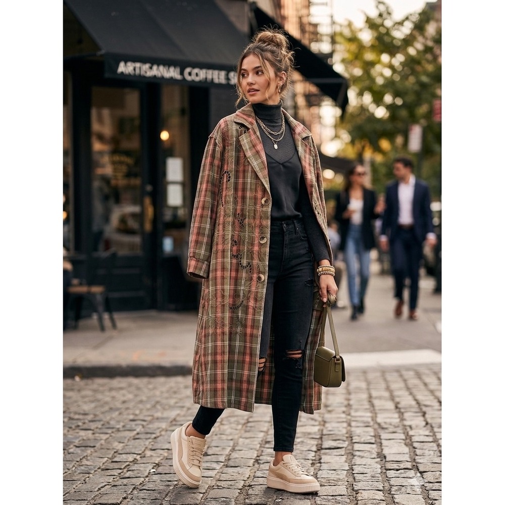 POL Clothing Plaid Eyelet Lace Cut Out Duster Coat Olive Terracotta Small